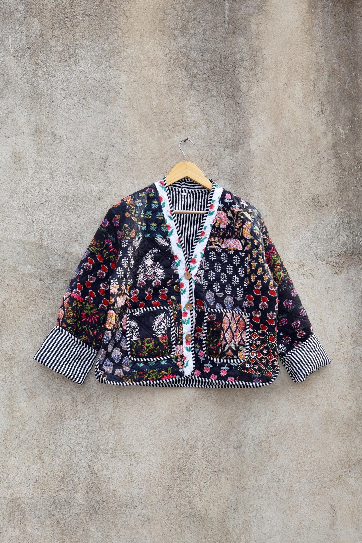 Handmade Indian Cotton Kantha Patchwork Quilted Jacket/Coat Block print Women's Reversible Clothing Kimono Vintage Spring Gift for Her
