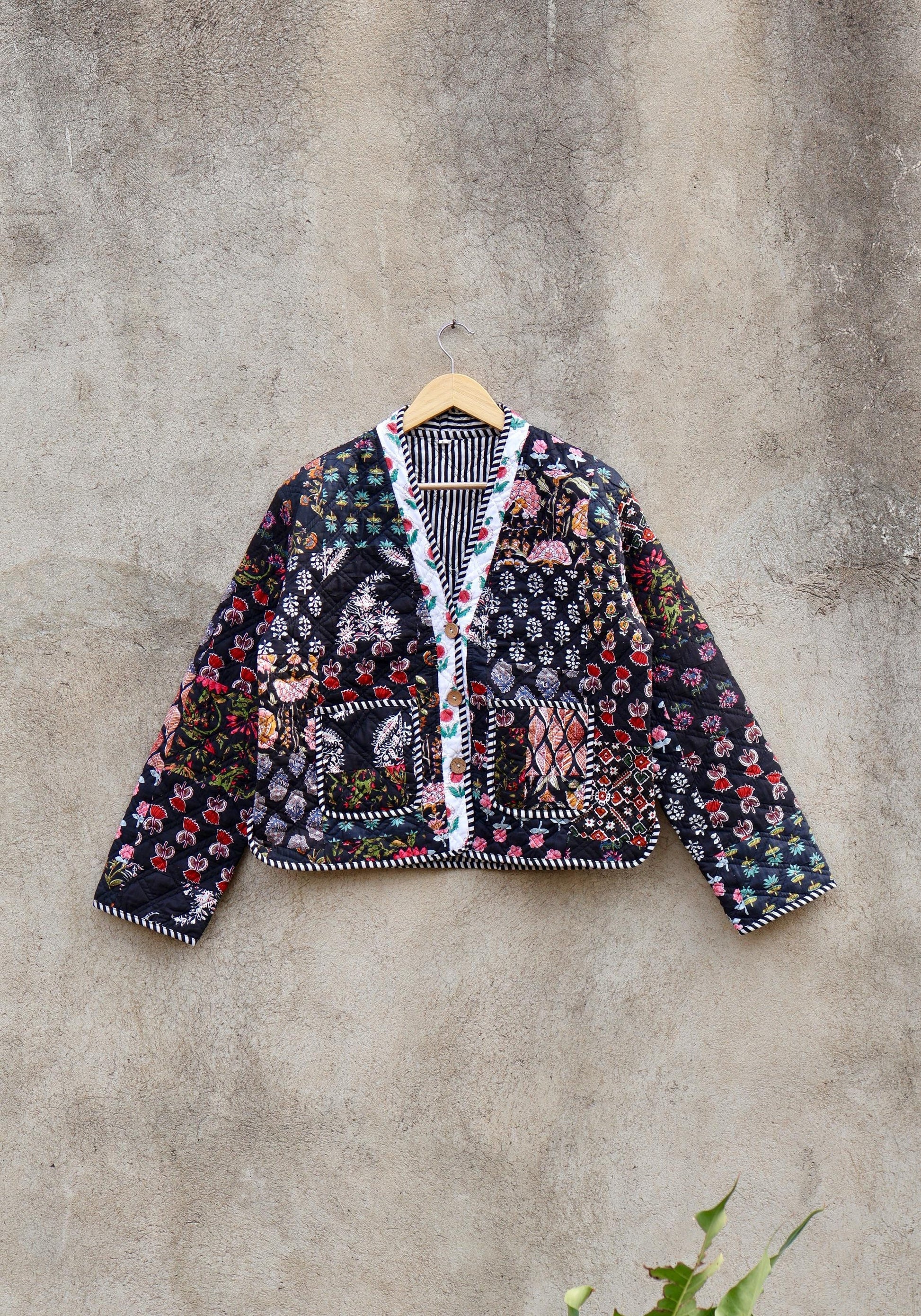 Handmade Indian Cotton Kantha Patchwork Quilted Jacket/Coat Block print Women's Reversible Clothing Kimono Vintage Spring Gift for Her