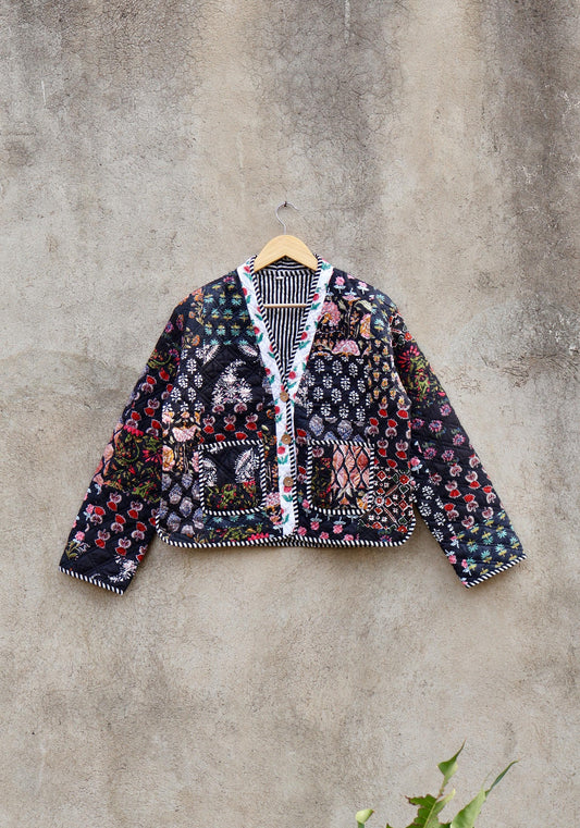 Handmade Indian Cotton Kantha Patchwork Quilted Jacket/Coat Block print Women's Reversible Clothing Kimono Vintage Spring Gift for Her