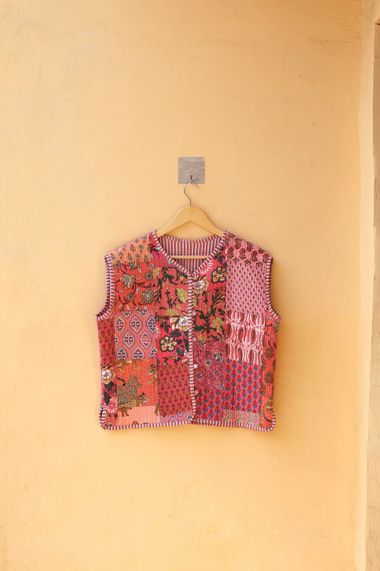 Indian Handmade Quilted Cotton Fabric Jacket Stylish Blue & Red Floral Women's Coat, Reversible Jacket for Her