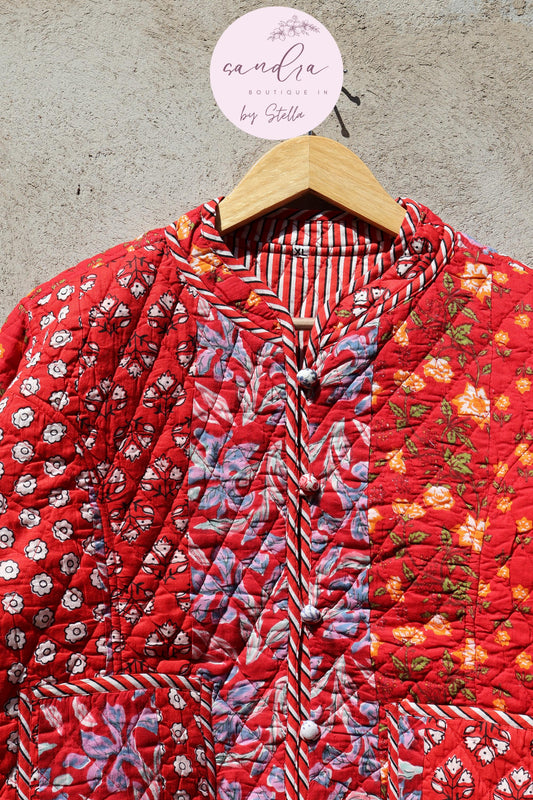 Indian Handmade Quilted Cotton Jacket, Red Patchwork Women's Reversible Coat, Kimono Vintage Boho Fall Jacket, Spring Jacket Gift for Her