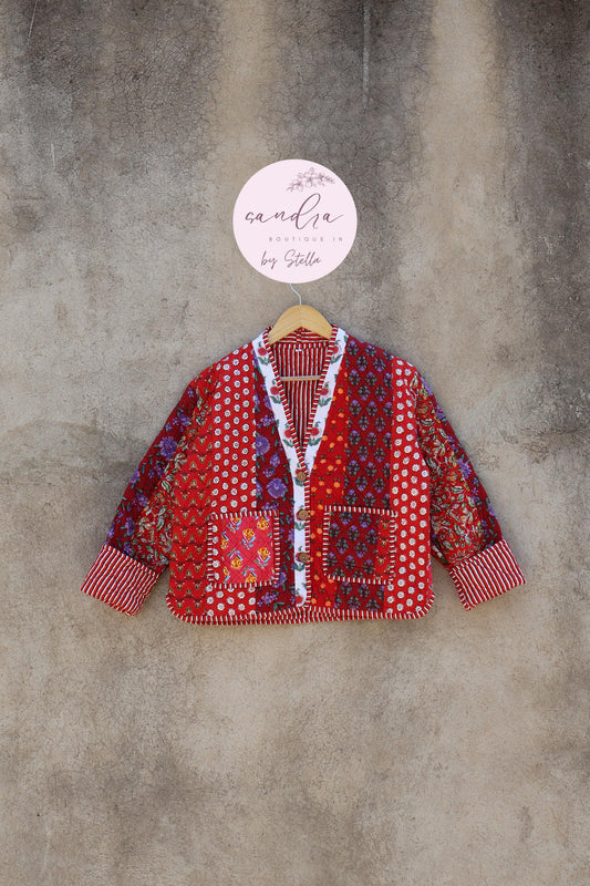Cotton Quilted Jacket V-Neck New Style Kantha Jacket Hand Block Print Floral Indian Women's Clothing Coat, Boho Spring Jacket Gift for Her