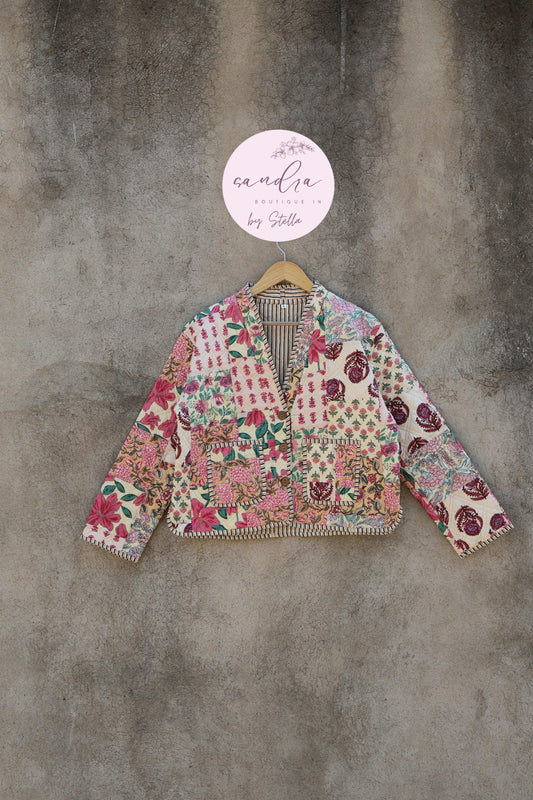 Cotton Quilted Jacket V-Neck New Style Kantha Jacket Hand Block Print Floral Indian Women's Clothing Coat, Boho Spring Jacket Gift for Her