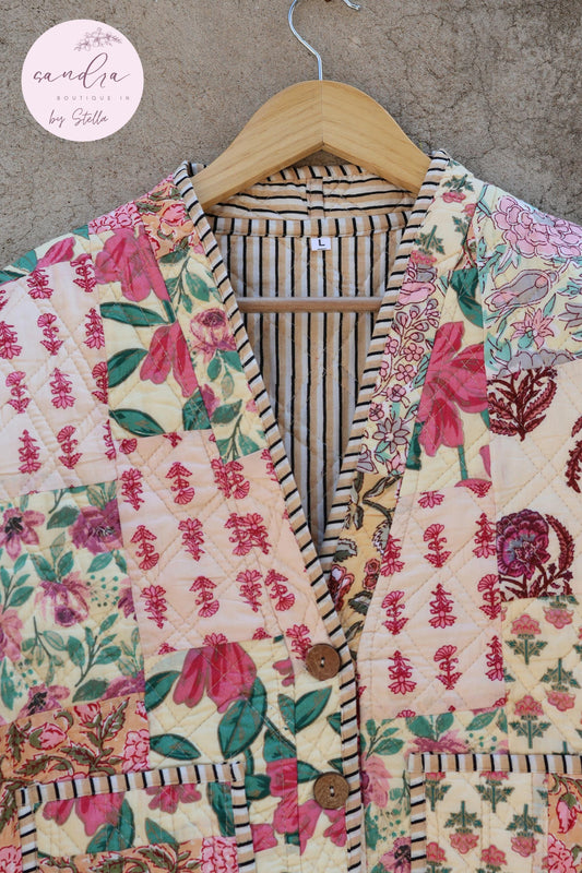 Cotton Quilted Jacket V-Neck New Style Kantha Jacket Hand Block Print Floral Indian Women's Clothing Coat, Boho Spring Jacket Gift for Her