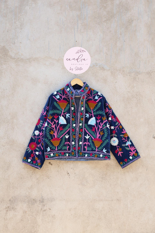 Suzani Embroidery Cotton Velvet Jacket, Kimono Jacket Handmade Soft TNT Fabric Jacket, Women's Clothing Coat Boho Jacket Spring Gift for Her