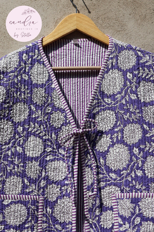 Handmade Cotton Quilted Vest Vintage Indian Purple Floral Kimono Gilet New Style Women's Outerwear Waistcoat Boho Spring Jacket Gift for Her