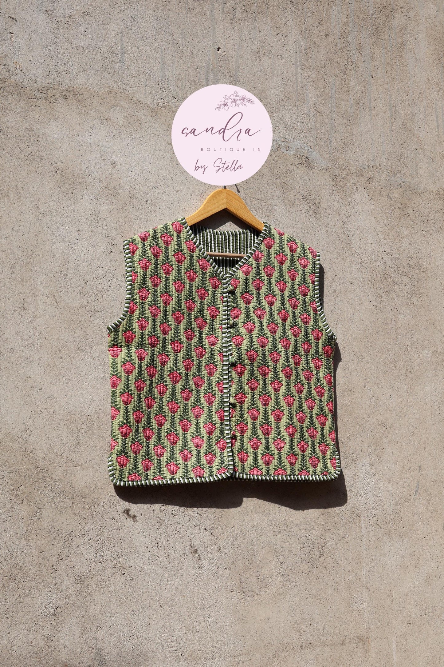 Handmade Cotton Quilted Vest Vintage Indian Green Floral Kimono Gilet New Style Women's Outerwear Waistcoat Boho Spring Jacket Gift for Her