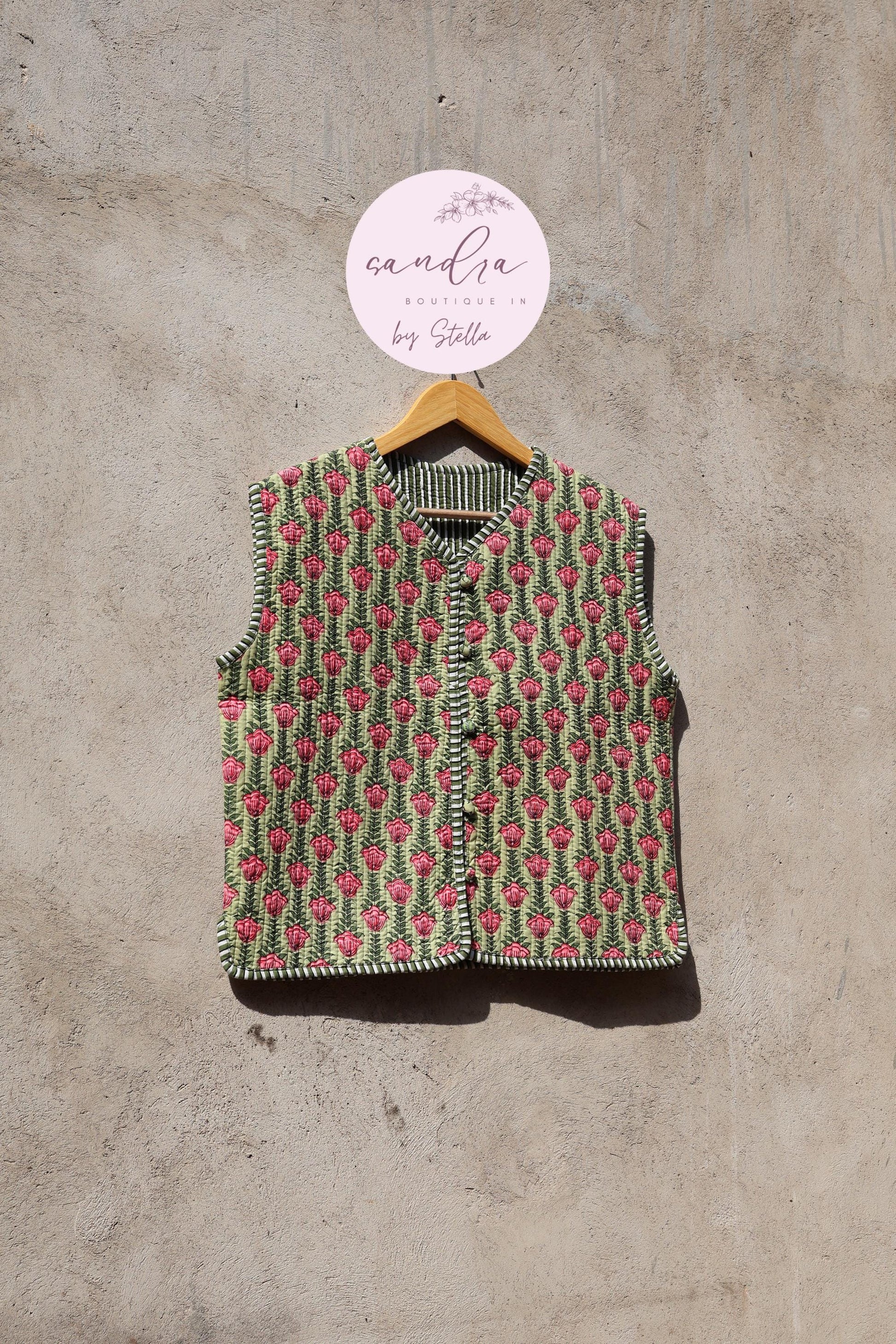 Handmade Cotton Quilted Vest Vintage Indian Green Floral Kimono Gilet New Style Women's Outerwear Waistcoat Boho Spring Jacket Gift for Her