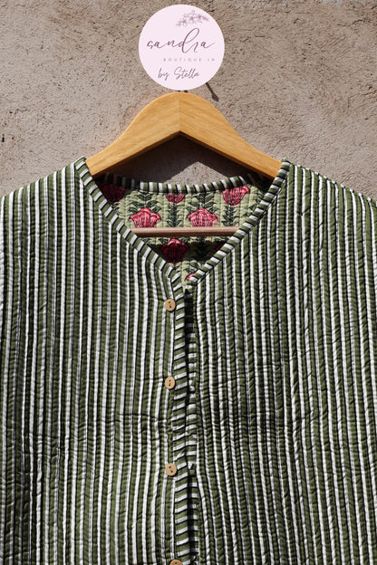 Handmade Cotton Quilted Vest Vintage Indian Green Floral Kimono Gilet New Style Women's Outerwear Waistcoat Boho Spring Jacket Gift for Her