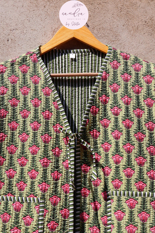 Handmade Cotton Quilted Vest Vintage Indian Green Floral Kimono Gilet New Style Women's Outerwear Waistcoat Boho Spring Jacket Gift for Her