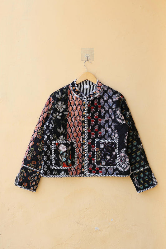 Indian Handmade Patchwork Cotton Quilted Jacket Vintage Black New Style Cotton Quilted Jacket Reversible Women's Bohoemian Coat Gift for Her