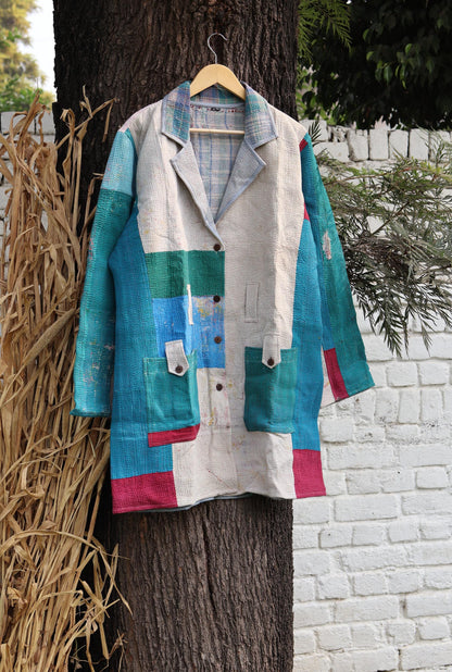 Handmade Vintage Kantha Quilt Coat for Women - Unique Bohemian Outerwear from Recycled Indian Quilts, One-off Ethnic style Up-Cycled Jacket