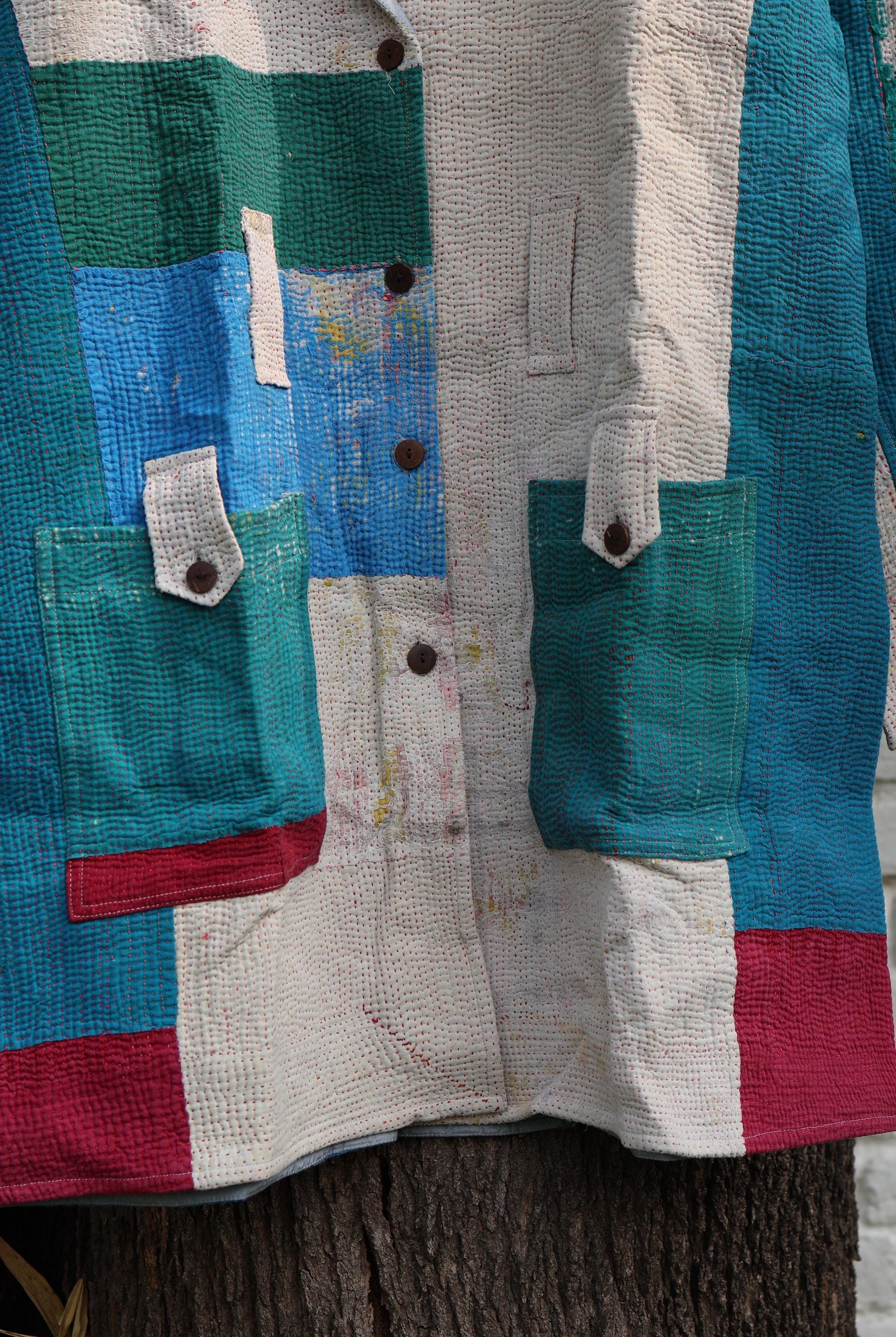 Handmade Vintage Kantha Quilt Coat for Women - Unique Bohemian Outerwear from Recycled Indian Quilts, One-off Ethnic style Up-Cycled Jacket