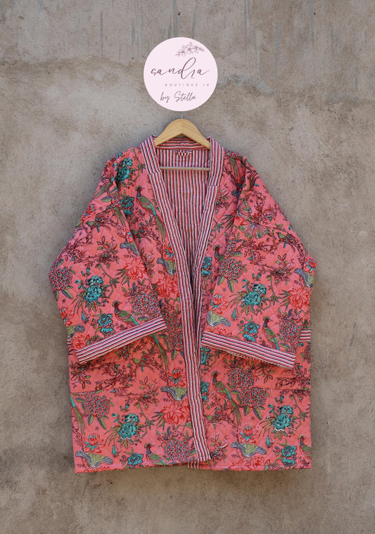 Indian Handmade Cotton Quilted Jacket, Vintage Free Size Cotton Quilted Overcoat Kimono Women's Bohemian Long Coat with Belt, Gift for Her
