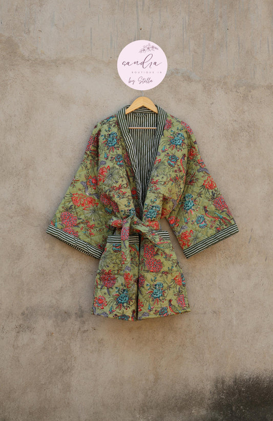 Indian Handmade Cotton Quilted Jacket, Vintage Free Size Cotton Quilted Overcoat Kimono Women's Bohemian Long Coat with Belt, Gift for Her