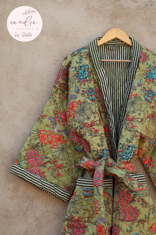 Indian Handmade Cotton Quilted Jacket, Vintage Free Size Cotton Quilted Overcoat Kimono Women's Bohemian Long Coat with Belt, Gift for Her