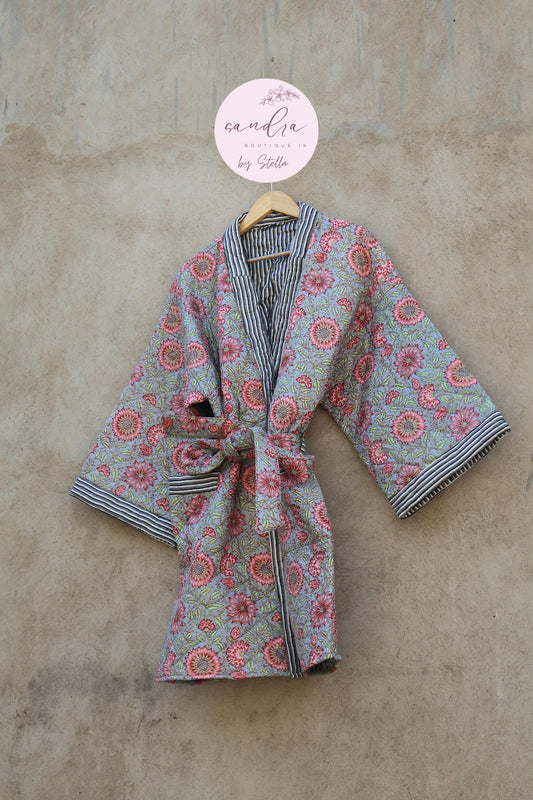 Indian Handmade Cotton Quilted Jacket, Vintage Free Size Cotton Quilted Overcoat Kimono Women's Bohemian Long Coat with Belt, Gift for Her