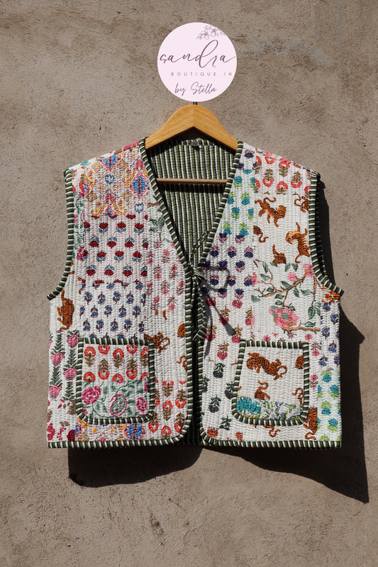 Handmade Cotton Quilted Vest, Vintage Indian Patchwork Kimono Gilet, New Style Women's Outerwear Waistcoat, Boho Spring Jacket Gift for Her