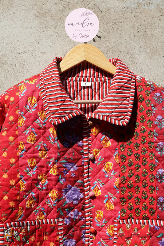 Indian Handmade Quilted Cotton Jacket, Vintage Red Patchwork Women's Reversible Coat, Kimono Vintage Boho Jacket, Spring Jacket Gift for Her