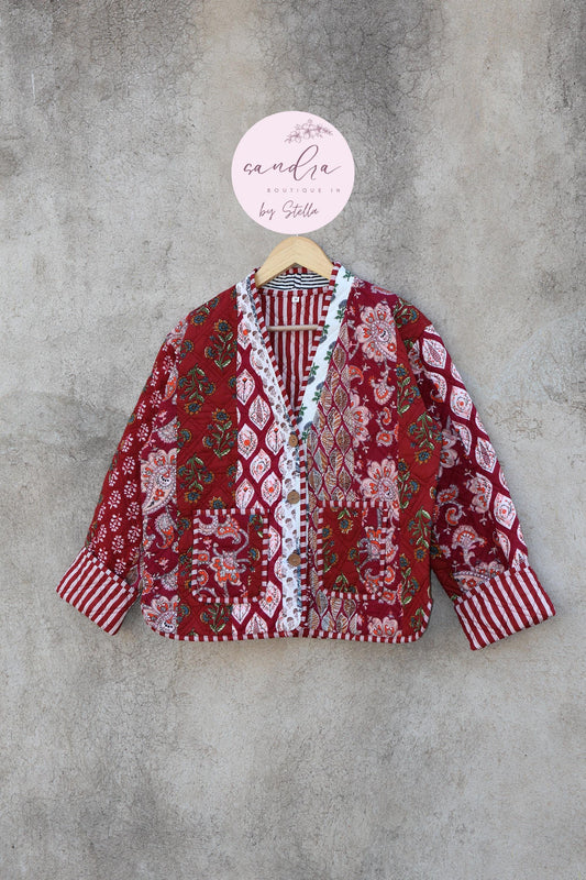 Cotton Quilted Jacket V-Neck New Style Kantha Jacket Hand Block Print Floral Indian Women's Clothing Coat, Boho Spring Jacket Gift for Her