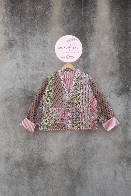 Cotton Quilted Jacket V-Neck New Style Kantha Jacket Hand Block Print Floral Indian Women's Clothing Coat, Boho Spring Jacket Gift for Her