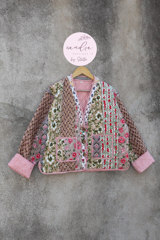 Cotton Quilted Jacket V-Neck New Style Kantha Jacket Hand Block Print Floral Indian Women's Clothing Coat, Boho Spring Jacket Gift for Her
