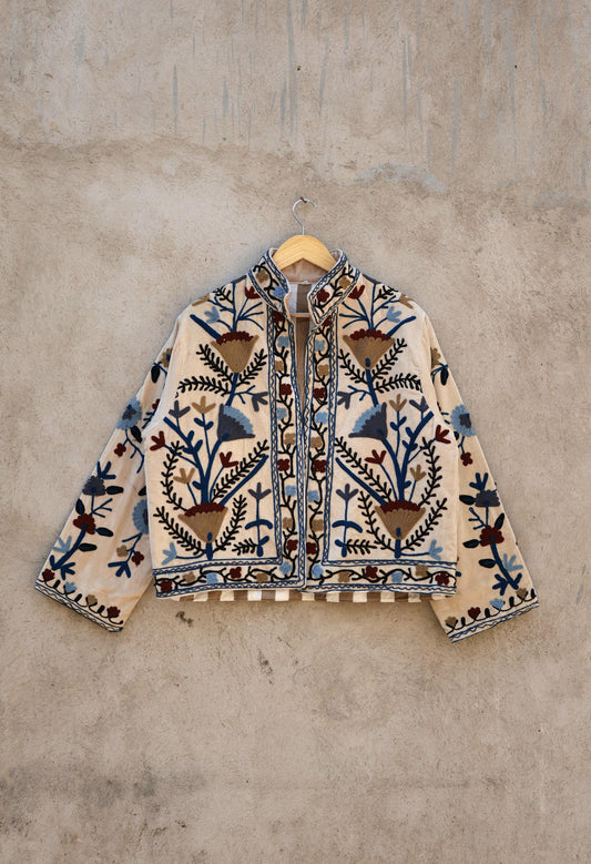 Suzani Embroidery Cotton Velvet Jacket, Kimono Jacket Handmade Soft TNT Fabric Jacket, Women's Clothing Coat Boho Jacket Spring Gift for Her