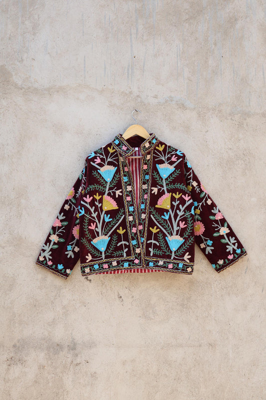 Suzani Embroidery Cotton Velvet Jacket, Kimono Jacket Handmade Soft TNT Fabric Jacket, Women's Clothing Coat Boho Jacket Spring Gift for Her