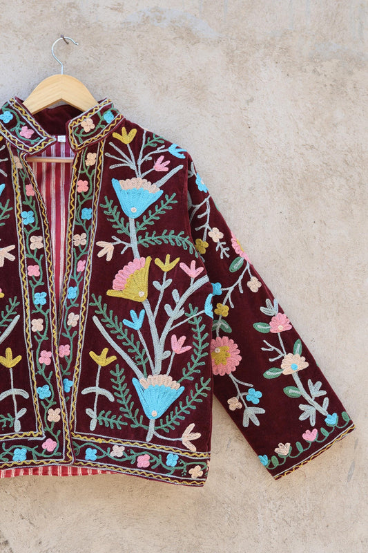 Suzani Embroidery Cotton Velvet Jacket, Kimono Jacket Handmade Soft TNT Fabric Jacket, Women's Clothing Coat Boho Jacket Spring Gift for Her