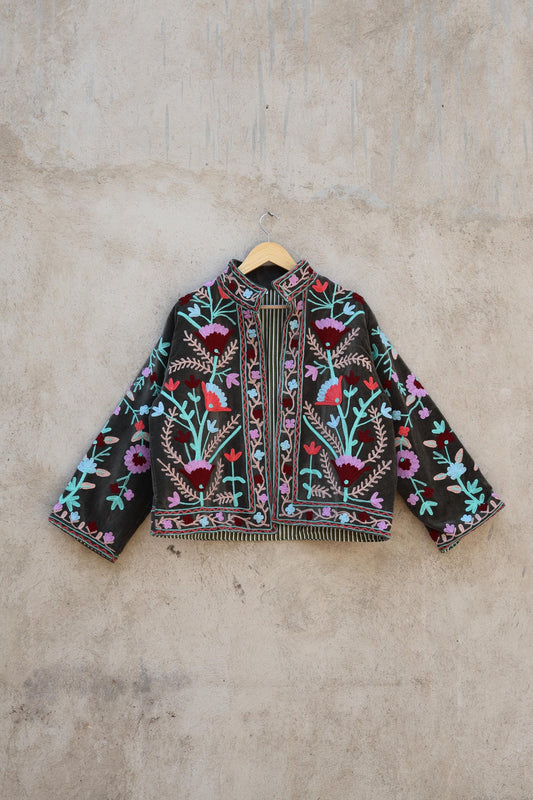 Suzani Embroidery Cotton Velvet Jacket, Kimono Jacket Handmade Soft TNT Fabric Jacket, Women's Clothing Coat Boho Jacket Spring Gift for Her