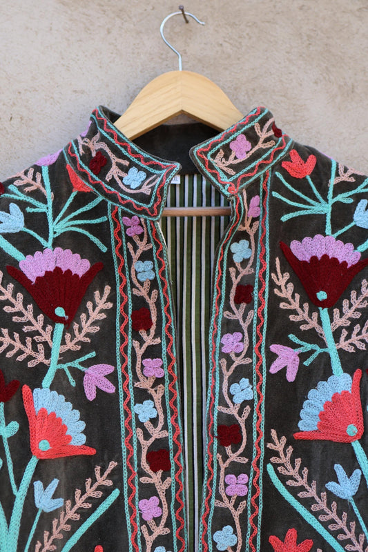Suzani Embroidery Cotton Velvet Jacket, Kimono Jacket Handmade Soft TNT Fabric Jacket, Women's Clothing Coat Boho Jacket Spring Gift for Her