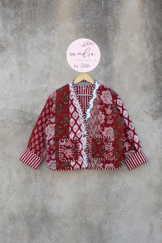 Cotton Quilted Jacket V-Neck New Style Kantha Jacket Hand Block Print Floral Indian Women's Clothing Coat, Boho Spring Jacket Gift for Her