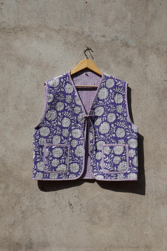 Handmade Cotton Quilted Vest Vintage Indian Purple Floral Kimono Gilet New Style Women's Outerwear Waistcoat Boho Spring Jacket Gift for Her