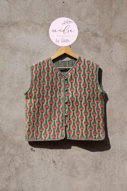 Handmade Cotton Quilted Vest Vintage Indian Green Floral Kimono Gilet New Style Women's Outerwear Waistcoat Boho Spring Jacket Gift for Her