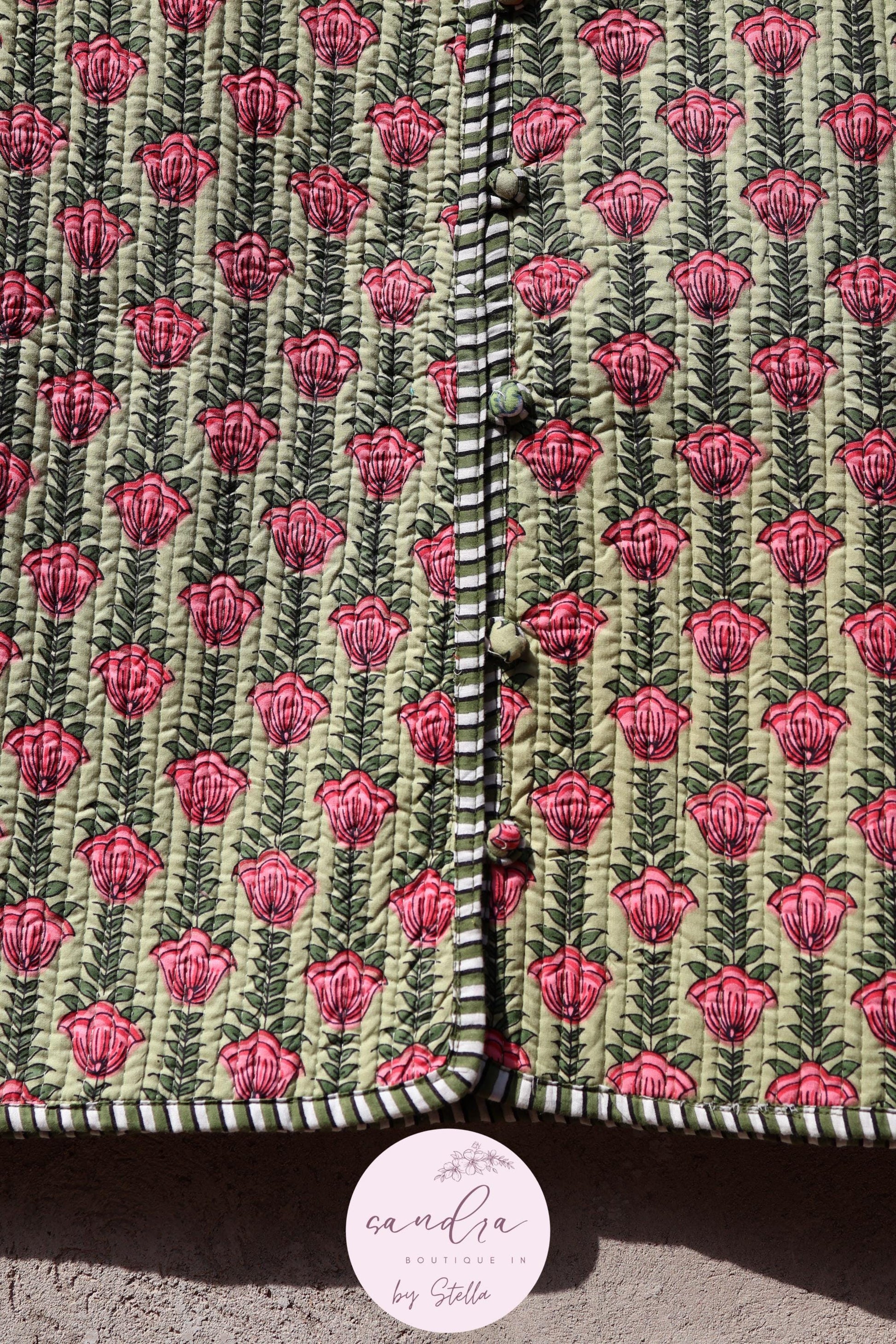 Handmade Cotton Quilted Vest Vintage Indian Green Floral Kimono Gilet New Style Women's Outerwear Waistcoat Boho Spring Jacket Gift for Her