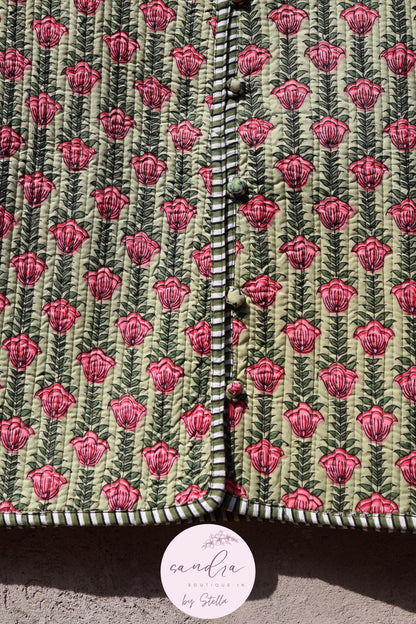 Handmade Cotton Quilted Vest Vintage Indian Green Floral Kimono Gilet New Style Women's Outerwear Waistcoat Boho Spring Jacket Gift for Her