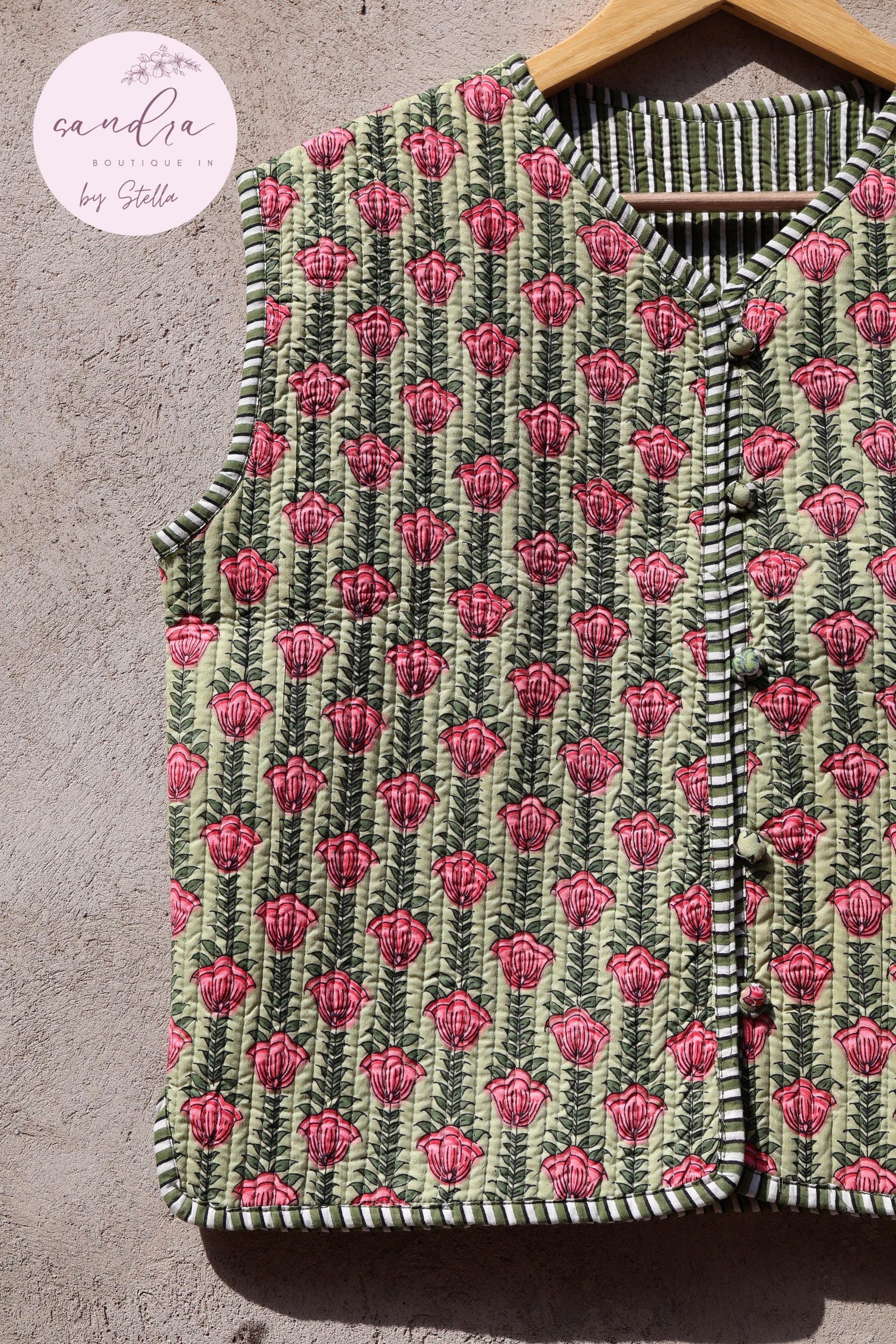 Handmade Cotton Quilted Vest Vintage Indian Green Floral Kimono Gilet New Style Women's Outerwear Waistcoat Boho Spring Jacket Gift for Her