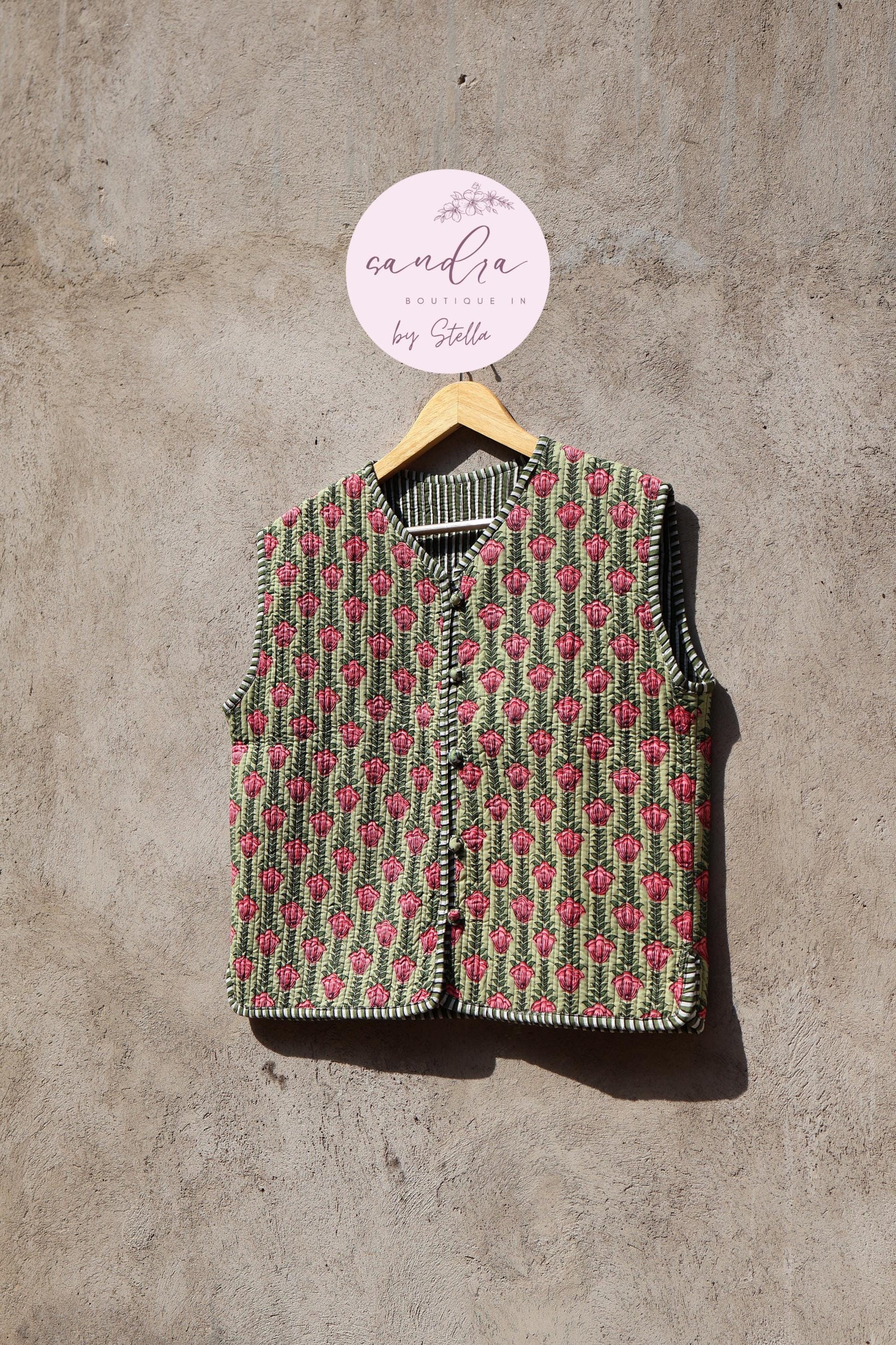 Handmade Cotton Quilted Vest Vintage Indian Green Floral Kimono Gilet New Style Women's Outerwear Waistcoat Boho Spring Jacket Gift for Her