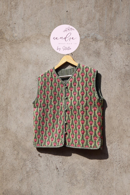 Handmade Cotton Quilted Vest Vintage Indian Green Floral Kimono Gilet New Style Women's Outerwear Waistcoat Boho Spring Jacket Gift for Her