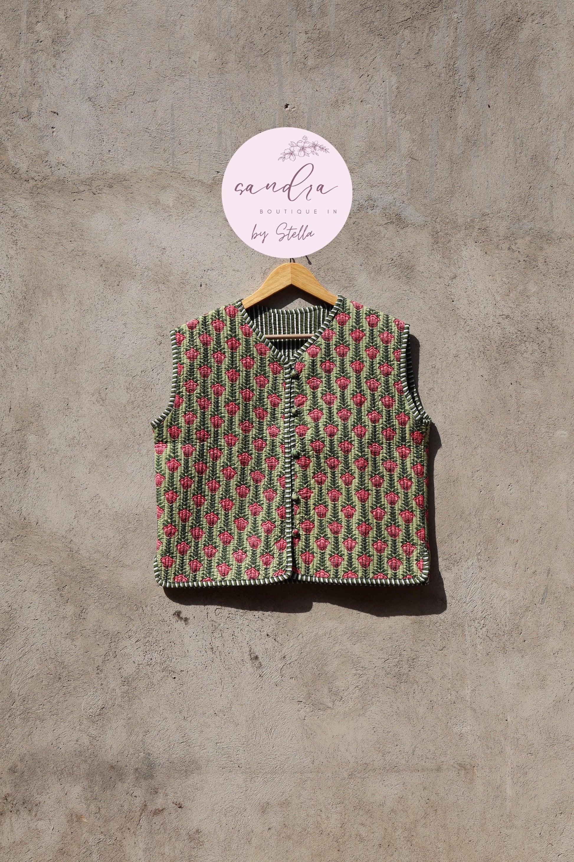 Handmade Cotton Quilted Vest Vintage Indian Green Floral Kimono Gilet New Style Women's Outerwear Waistcoat Boho Spring Jacket Gift for Her