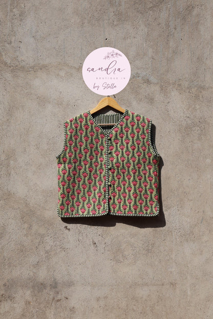Handmade Cotton Quilted Vest Vintage Indian Green Floral Kimono Gilet New Style Women's Outerwear Waistcoat Boho Spring Jacket Gift for Her