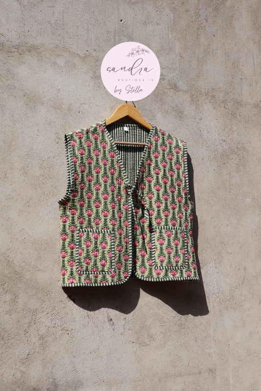 Handmade Cotton Quilted Vest Vintage Indian Green Floral Kimono Gilet New Style Women's Outerwear Waistcoat Boho Spring Jacket Gift for Her