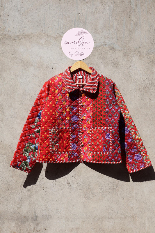 Indian Handmade Quilted Cotton Jacket, Vintage Red Patchwork Women's Reversible Coat, Kimono Vintage Boho Jacket, Spring Jacket Gift for Her