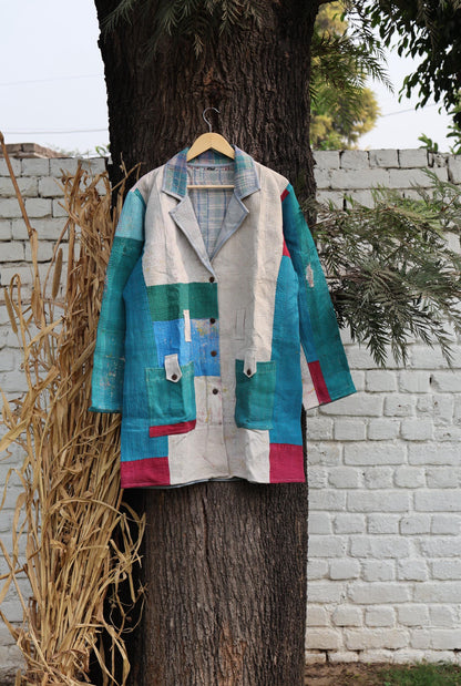 Handmade Vintage Kantha Quilt Coat for Women - Unique Bohemian Outerwear from Recycled Indian Quilts, One-off Ethnic style Up-Cycled Jacket