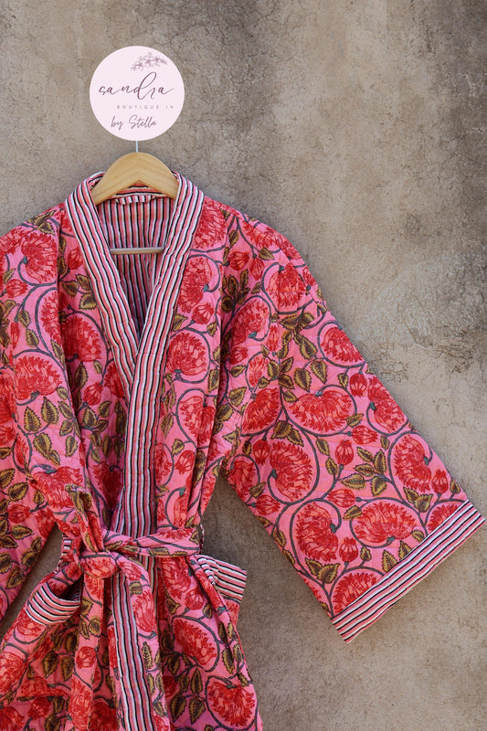 Indian Handmade Cotton Quilted Jacket, Vintage Free Size Cotton Quilted Overcoat Kimono Women's Bohemian Long Coat with Belt, Gift for Her