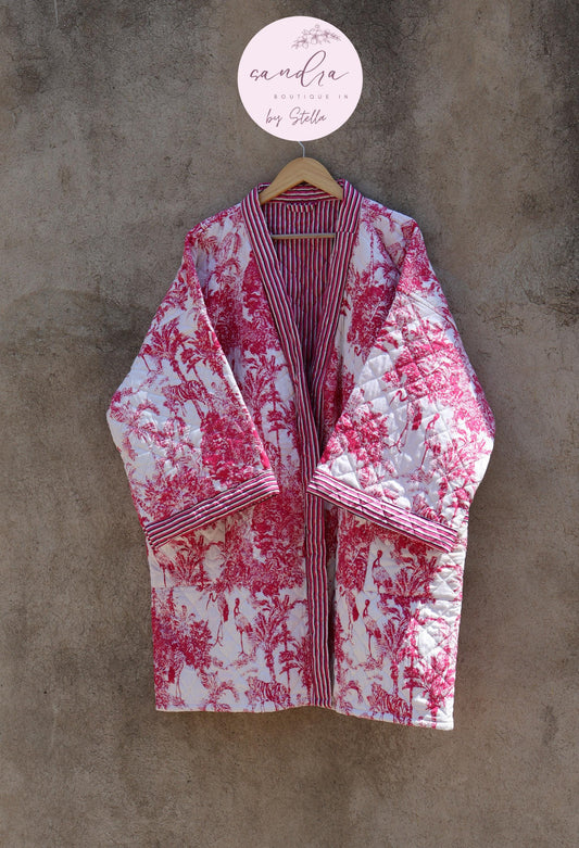 Indian Handmade Cotton Quilted Jacket, Vintage Free Size Cotton Quilted Overcoat Kimono Women's Bohemian Long Coat with Belt, Gift for Her