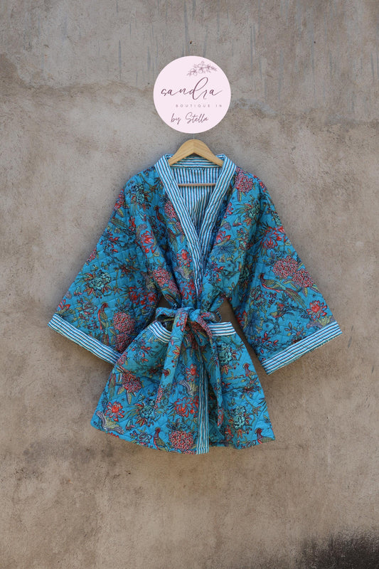 Indian Handmade Cotton Quilted Jacket, Vintage Free Size Cotton Quilted Overcoat Kimono Women's Bohemian Long Coat with Belt, Gift for Her