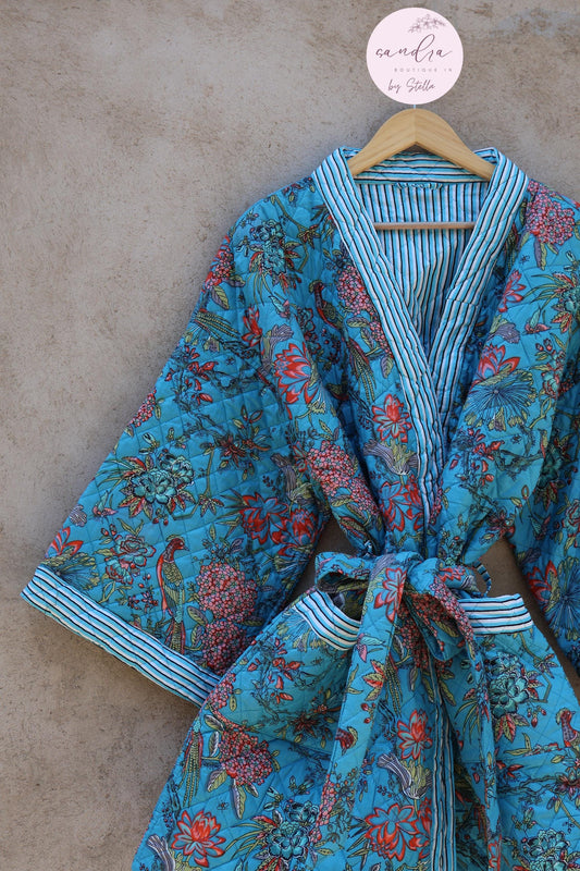 Indian Handmade Cotton Quilted Jacket, Vintage Free Size Cotton Quilted Overcoat Kimono Women's Bohemian Long Coat with Belt, Gift for Her