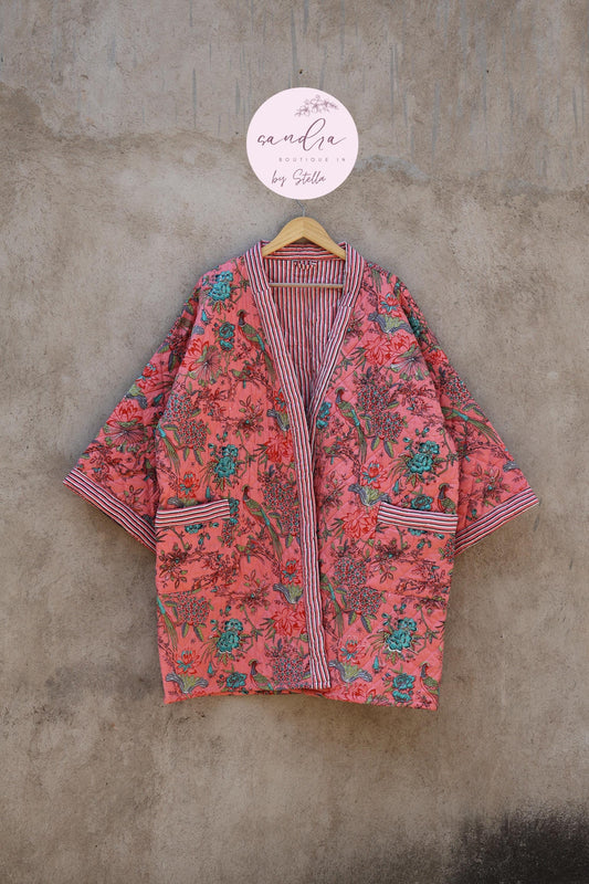Indian Handmade Cotton Quilted Jacket, Vintage Free Size Cotton Quilted Overcoat Kimono Women's Bohemian Long Coat with Belt, Gift for Her