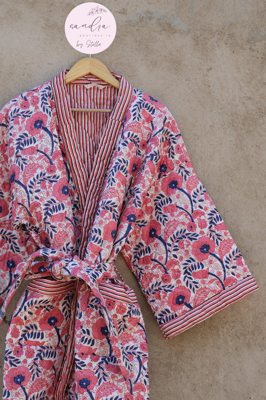 Indian Handmade Cotton Quilted Jacket, Vintage Free Size Cotton Quilted Overcoat Kimono Women's Bohemian Long Coat with Belt, Gift for Her